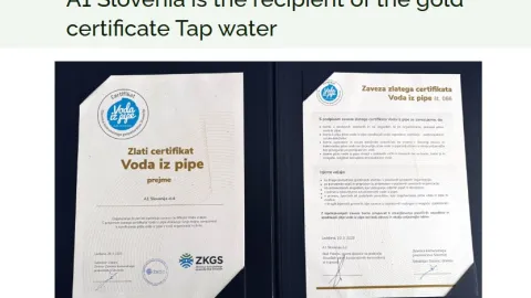 A1 Slovenija prejme zlati certifikat za pobudo za vodo iz pipe