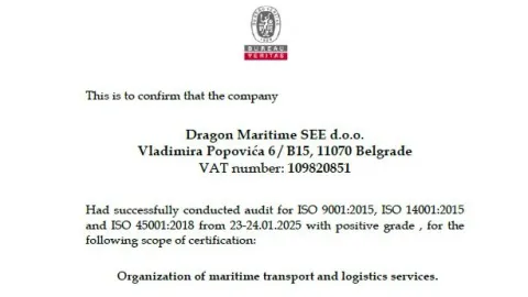 Dragon Maritime Group dobija ISO sertifikate za kvalitet, životnu sredinu i bezbednost