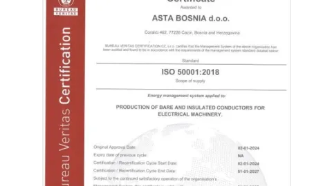 ASTA Bosna d.o.o. dobila sertifikat za ISO 50001:2018